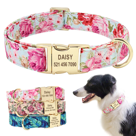Personalized Floral Dog Collar with Engraved ID — Nylon, All Sizes