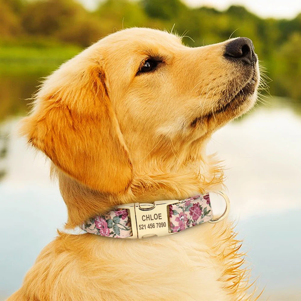 Personalized Floral Dog Collar with Engraved ID — Nylon, All Sizes